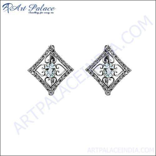 Attractive Blue Topaz & Cz Silver Earring