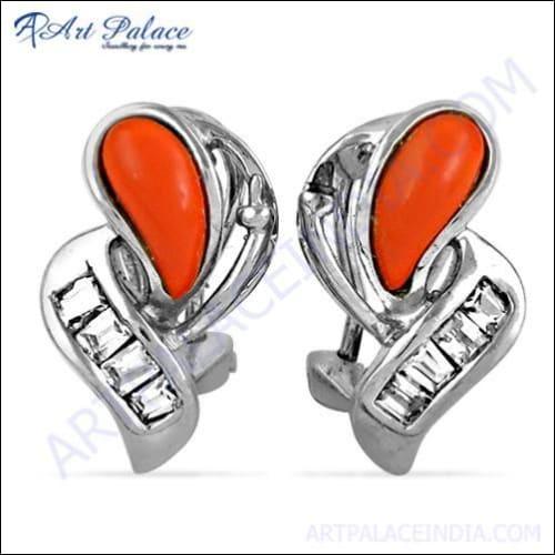 Attractive Coral & Cubic Zirconia Gemstone Silver Earrings