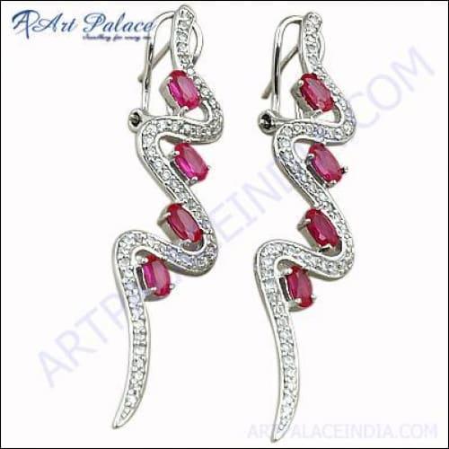 Attractive Cubic Zirconia & Pink Glass Gemstone Silver Earrings Glittering Cz Earrings Fashion Cz Earrings