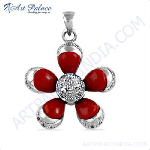 Attractive Flower Style Cubic Zirconia & Synthetic Coral Gemstone Silver Pendant