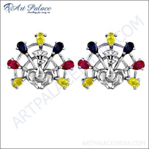 Attractive Peacock Style Silver Stud Earrings With Multi Color CZ