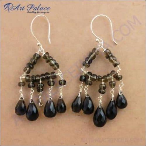 Attractive Triangle Smokey Quartz Gemstone Silver Earrings