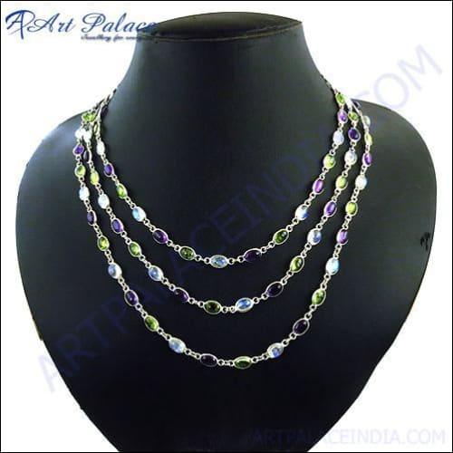 Attrective & Lovely African Amethyst, Peridot & Rainbow Moonstone Gemstone Silver Necklace