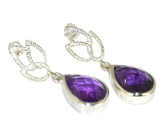 Beautiful 925 Sterling Silver Checker Cut Pear Shape Amethyst And CZ Earrings Magnificent Gemstone Earring Trendy Gemstone Earring
