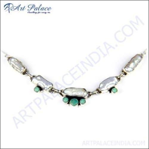 Beautiful & Stylish Pearl & Terquoise Gemstone Silver Necklace