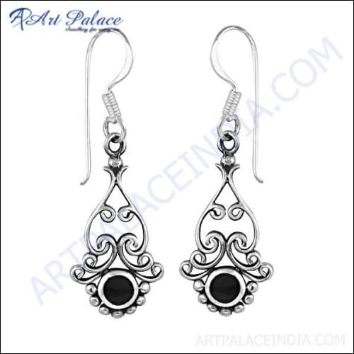 Beautiful Antique Style Black Onyx Gemstone Silver Long Earrings, 925 Sterling Silver Jewelry Stylish Gemstone Earrings Black Onyx Earrings