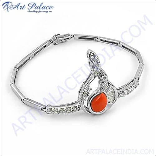 Beautiful Antique Style Cubic Zirconia & Synthetic Coral Silver Bracelet Coolest Cz Bracelet Attractive Cz Bracelet