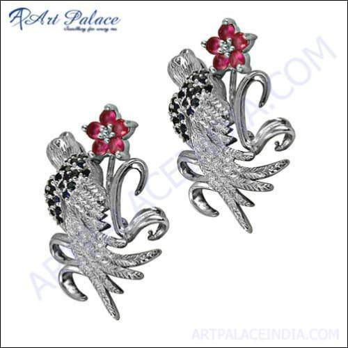 Beautiful Bird Style Inkzirconia & Pink Cz Silver Earrings