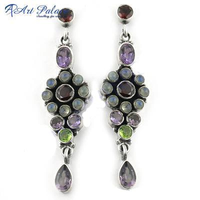 Beautiful Designer Multi Gemstone 925 Silver Earring Colorful Gemstone Earring Trendy Gemstone Earring