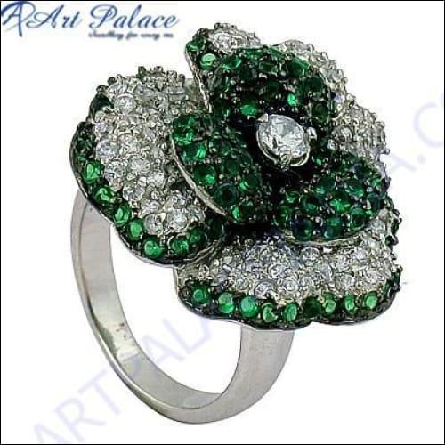 Beautiful Flower Style Green & White Cubic Zirconia Gemstone Silver Ring