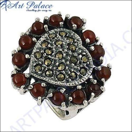 Beautiful Heart Style Gun Metal & Red Onyx Gemstone Silver Ring Impressive Gemstone Rings Gemstone Marcasite Rings