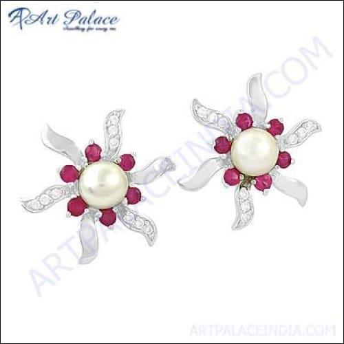 Beautiful Pearl & Cubic Zirconia Gemstone Silver Earrings