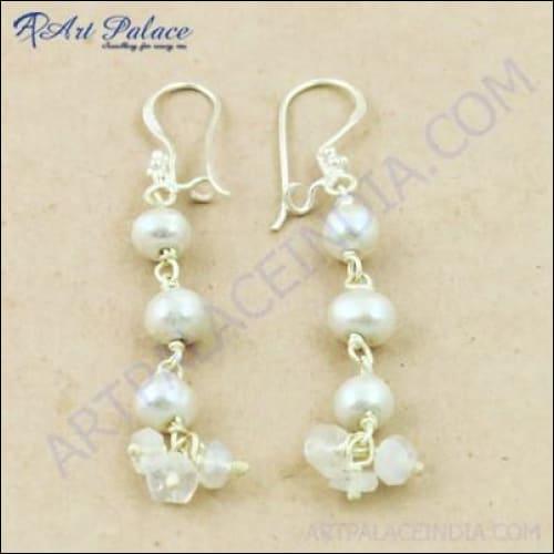 Beautiful Pearl & Rainbow Moonstone Gemstone Silver Earrings