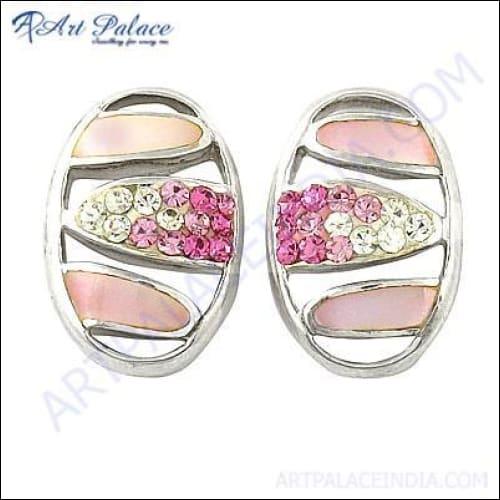 Beautiful Pink & White Cz & Inley Silver Earring