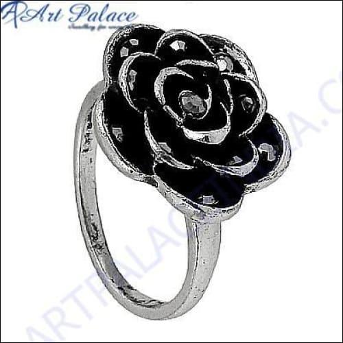 Beautiful Rose Style Gun Metal Gemstone Silver Ring