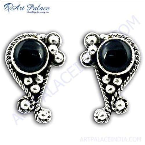 Beautiful Style Black Onyx Ethnic Silver Earrings
