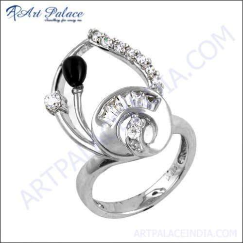 Beautiful Unique Style Black Onyx & Cubic Zirconia Gemstone Silver Ring