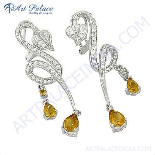 Beautiful Unique Style Cz & Yellow Glass Silver Long Earrings Latest Design Cz Earring Fashion Cz Earring