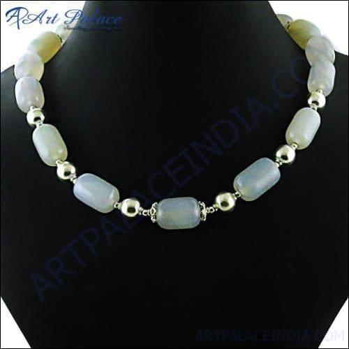 Beautiful White Chalcedony Pearl Silver Necklace