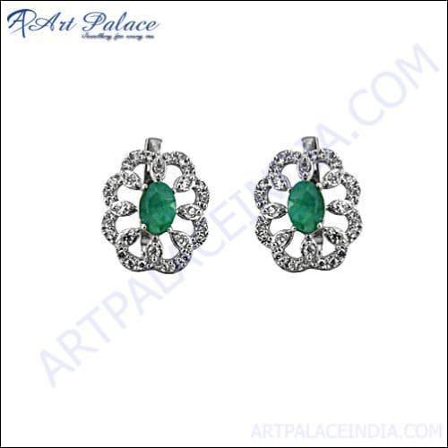 Best Selling Cz & Dyed Emerald Silver Earring