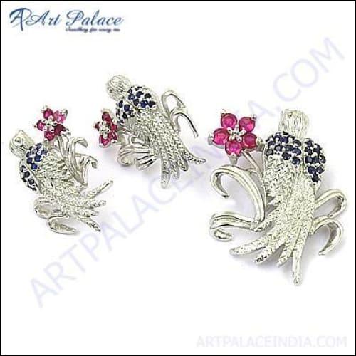 Bird With Flower Style New Gemstone Silver Pendant Set