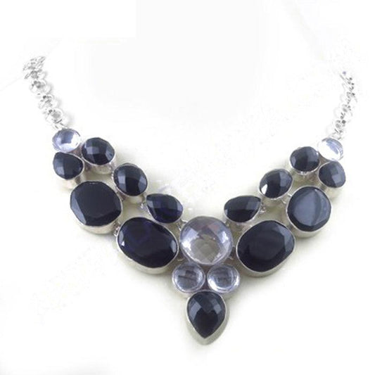 Black Onyx & Crystal Gemstone 925 Silver Necklace Glamours Necklace Pretty Gemstone Necklace
