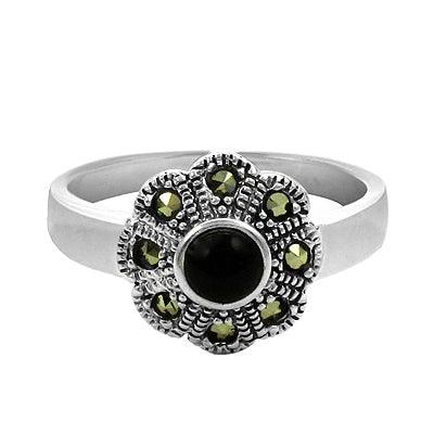Black Onyx And Marcasite Gemstone 925 Silver Ring Floral Design Black Onyx Ring Original Black Onyx Healing Gemstone Ring Marcasite Rings High Class Rings