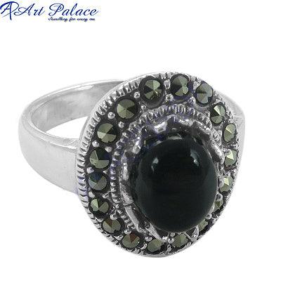 Black Onyx & Marcasite Gemstone 925 Silver Ring Marcasite Rings Trendy Gemstone Rings