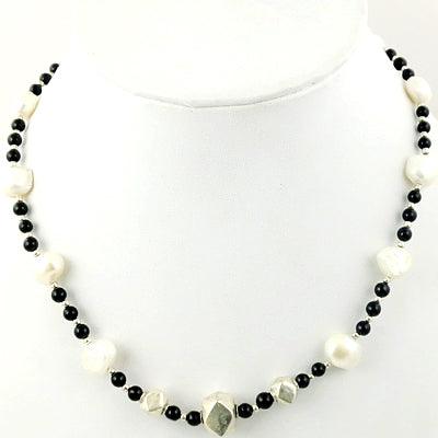 Black Onyx & Pearl Beads Gemstone 925 Silver Necklace Latest Beaded Necklace Handmade Beaded Necklace