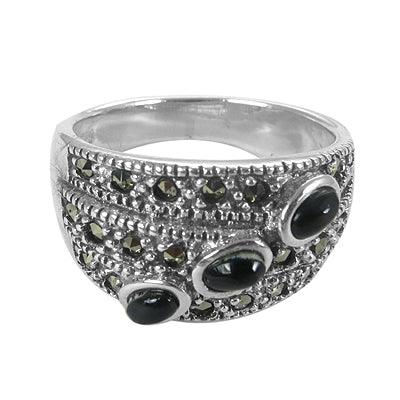 Black Onyx And Pyrite Gemstone 925 Silver Ring Marcasite Rings Impressive Rings