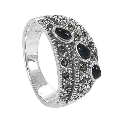Black Onyx And Pyrite Gemstone 925 Silver Ring Marcasite Rings Impressive Rings
