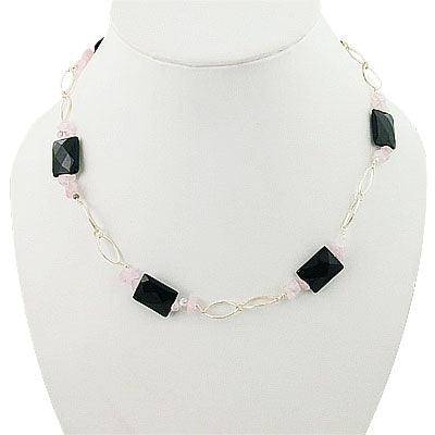 Black Onyx And Rose Quartz Gemstone Sterling 925 Silver Necklace Adjustable Necklace Graceful Beaded Necklace