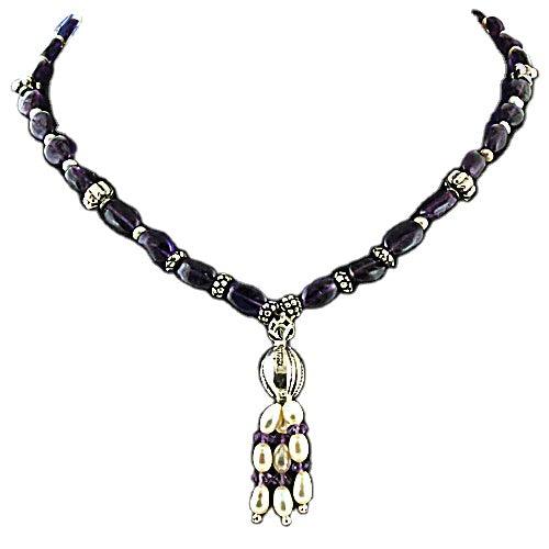 Bohemien Style Amethyst Beaded Necklace Indian Designer Amethyst & Pearl Silver Necklace 925 Sterling Silver Jewelry Fantastic Beaded Necklace Beads Necklace