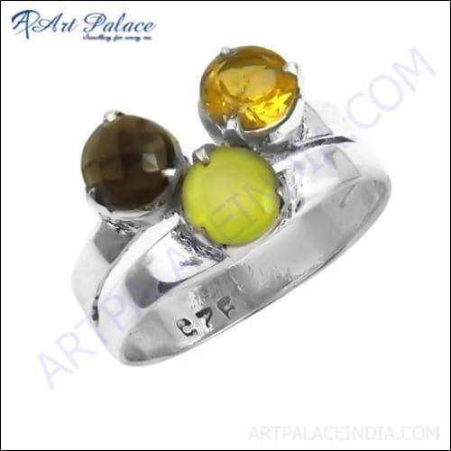 Bold & Beautiful Citrine & Green Chalcedony & Smokey Quartz Gemstone Silver Ring