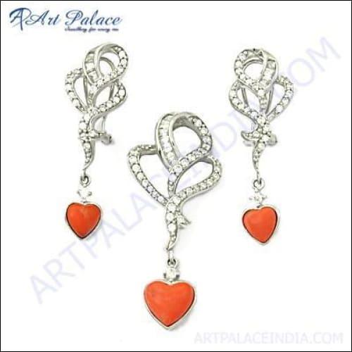 Bold & Beautiful Cubic Zirconia & Synthetic Coral Silver Pendant Set