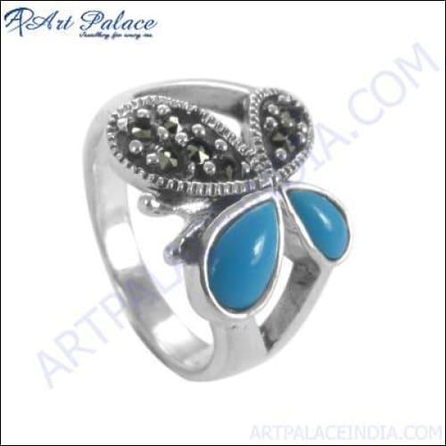 Butterfly Style Gun Metal And Syn. Tourquoise Gemstone Silver Ring