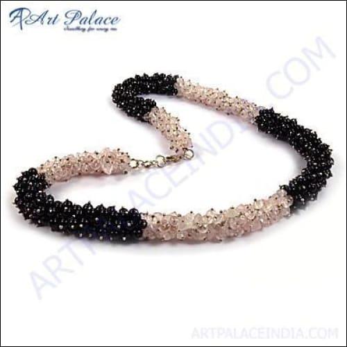 Celeb Style Black Onyx & Rose Quartz Gemstone Silver Necklace