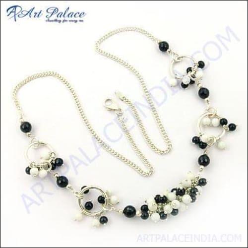 Celeb Style Black Onyx & White Onyx Gemstone Silver Fashionable Necklace