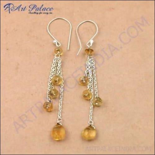 Celeb Style Citrine Gemstone Silver Earrings Citrine Beaded Earrings Beaded Silver Earrings