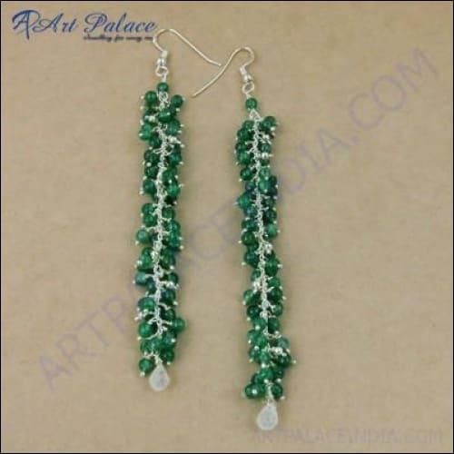 Celeb Style Green Aventurian & Rainbow Moonstone Silver Earrings