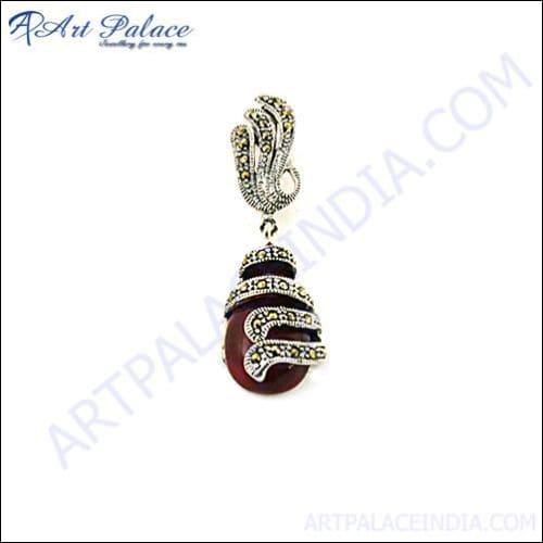 Celeb Style Marcasite & Red Onyx Silver Pendant Marcasite Silver Pendant Gorgeous Marcasite Pendant