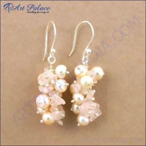 Celeb Style Pearl & Rose Quartz Gemstone Silver Earrings Fancy Beaded Earrings Newest Beaded Earrings