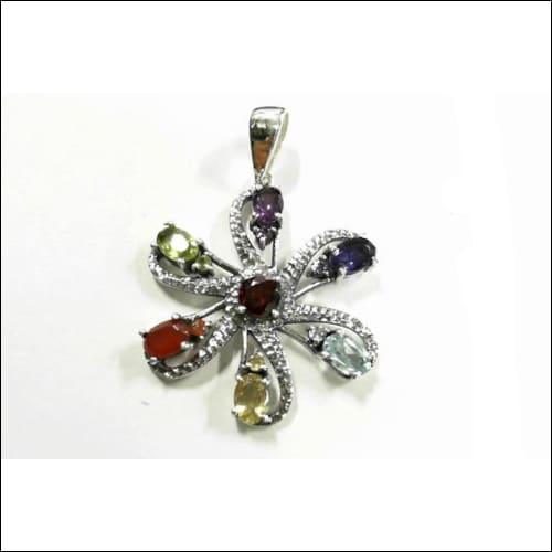 Chakra Flower Shape Multi Gemstone 925 Silver Pendant Floral Multistone Pendants Energy Gemstone Pendants