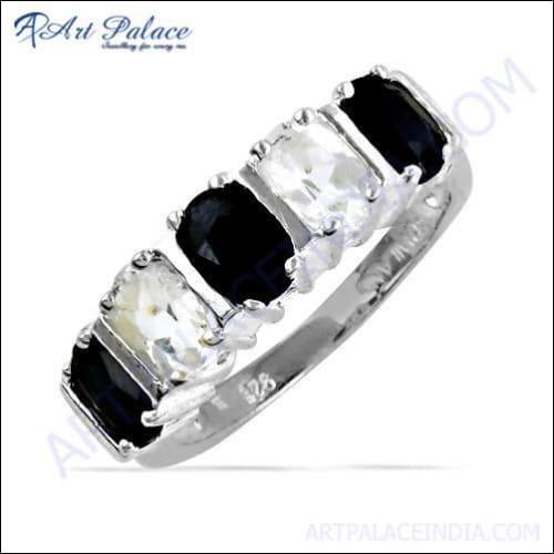 Charming Black & White Cubic Zirconia Gemstone Silver Ring