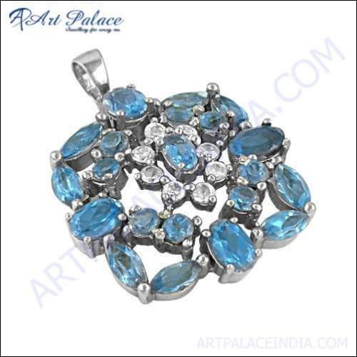 Charming Blue & White Cz Gemstone Silver Pendant