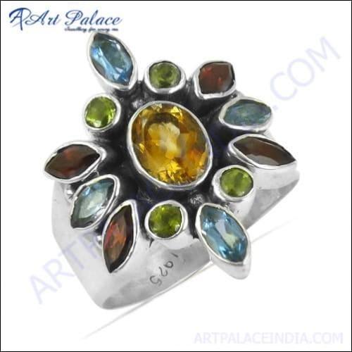 Charming Blue Topaz & Citrine & Garnet & Peridot Gemstone Silver Ring, 925 Sterling Silver Jewelry