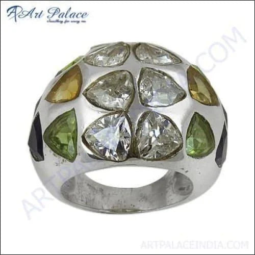 Encantador anillo de plata con piedras preciosas de citrino, circonita cúbica, iolita y peridoto