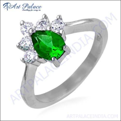 Charming Green & White Cubic Zirconia Gemstone Silver Ring, 925 Sterling Silver Jewelry