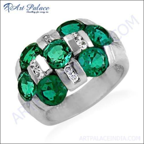 Charming Green & White Cubic Zirconia Gemstone Silver Ring