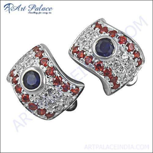 Charming Multi Color Cz Gemstone Silver Earrings, 925 Sterling Silver Jewelry
